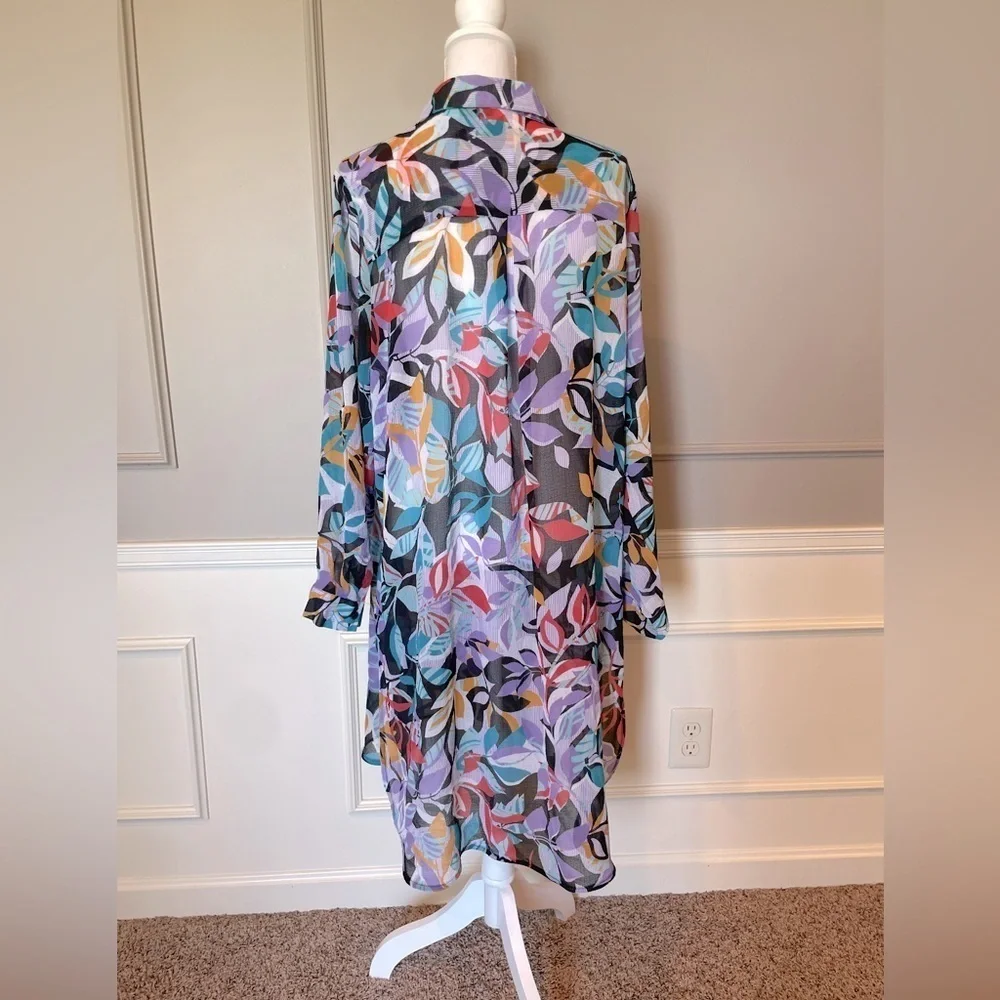 Jessica London 22W sheer button down dress colorful casual contemporary floral